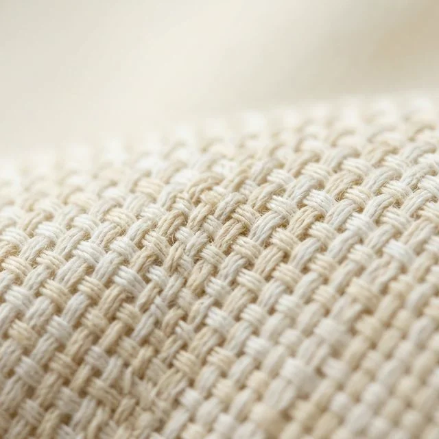 Close-up macro photography of premium woven cotton fabric with precise weave structure