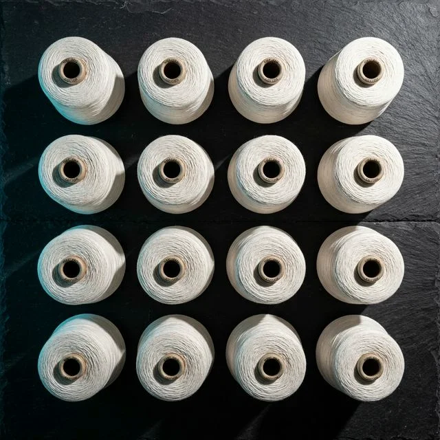 Premium cotton yarn cones arranged on dark industrial surface